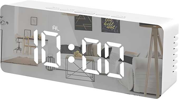 Digital Alarm Clock, LED Display Clock Best Makeup Bedroom Mirror Travel Alarm Office Bedroom Clock, Alarm Clock with Snooze, Dimmer Control, Support Battery Powered bqu5q7-dm