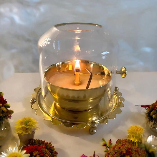 Golden Brass Akhand Diya Oil Lamp with Rotating Wick Soppykart