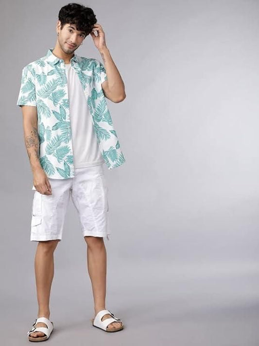 Men's Printed Half Sleeves Regular Collar Casual Shirt White & Light Green bqu5q7-dm